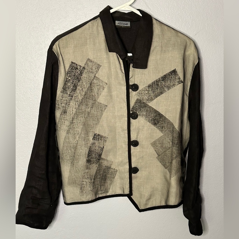 Vintage Alissa Linen Art to Wear Button Down Shirt Geometric Asymmetrical Large